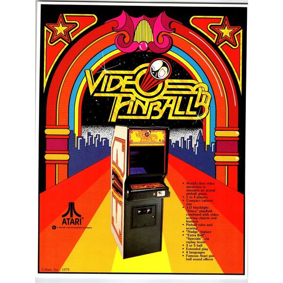 Video Pinball By Atari Retro Arcade Game FLYER Original 1979 Vintage Two Sides - Picture 1 of 2